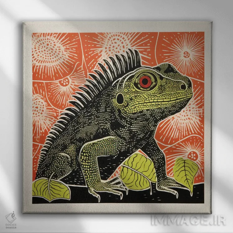 تابلو ایگوانای سبز اثر آلوک دیزاین - نمای روبهرو روی دیوار