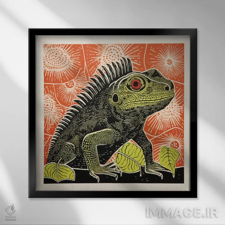 تابلو ایگوانای سبز اثر آلوک دیزاین - نمای قابدار مشکی