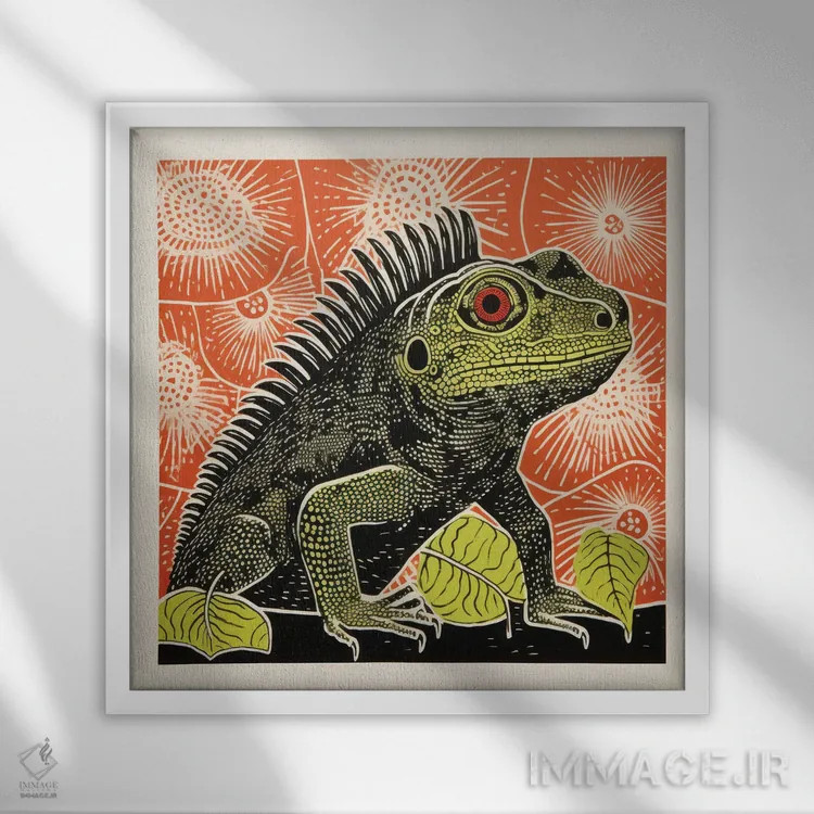 تابلو ایگوانای سبز اثر آلوک دیزاین - نمای قابدار سفید