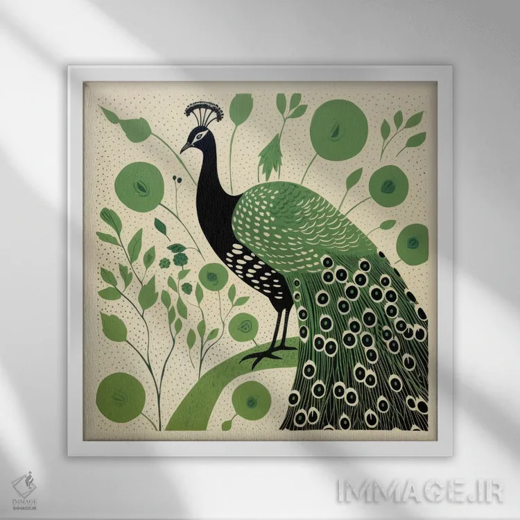 تابلو طاووس سبز اثر آلوک دیزاین - نمای قابدار سفید