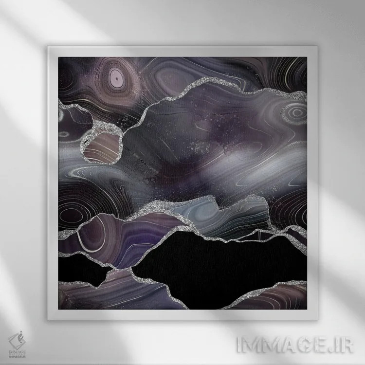 تابلو بافت عقیق درخشان نقرهای مشکی I اثر آلوک دیزاین - نمای قابدار سفید