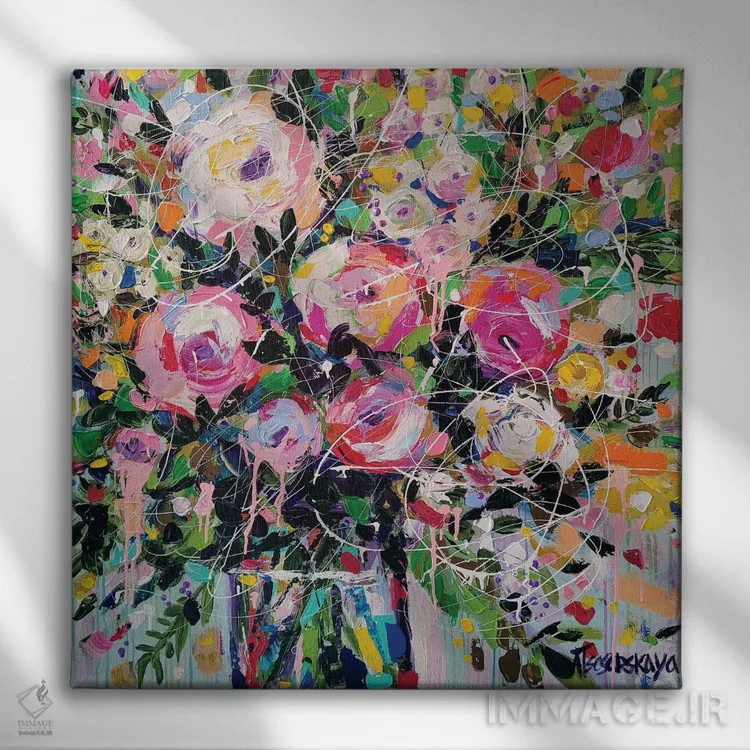 تابلو گلهای تابستانی در گلدان اثر آلیاکساندرا تسسارسکایا - نمای روبهرو روی دیوار