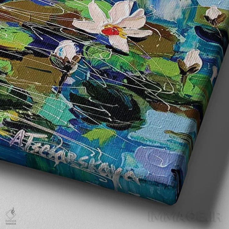 تابلو دریاچه با نیلوفرهای سفید اثر آلیاکساندرا تسسارسکایا - نمای نزدیک بافت بوم