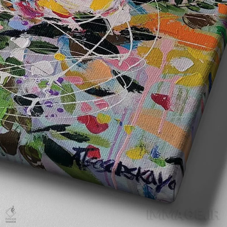 تابلو گلهای تابستانی در گلدان اثر آلیاکساندرا تسسارسکایا - نمای نزدیک بافت بوم