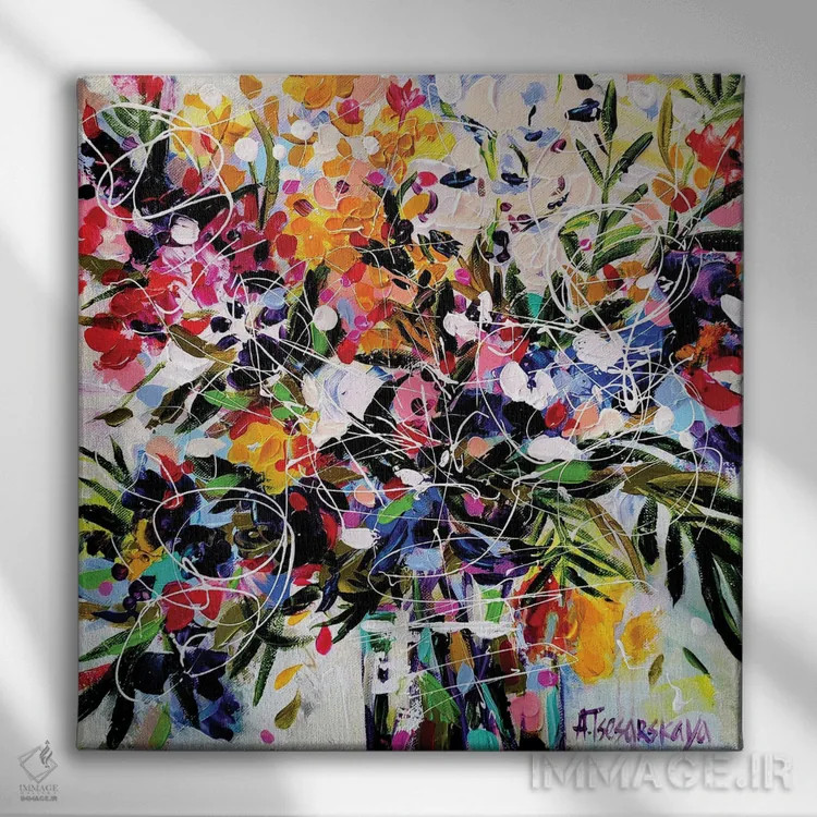 تابلو گلهای پاییزی در گلدان ۱ اثر آلیاکساندرا تسسارسکایا - نمای روبهرو روی دیوار