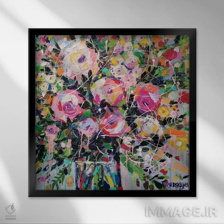 تابلو گلهای تابستانی در گلدان اثر آلیاکساندرا تسسارسکایا - نمای قابدار مشکی