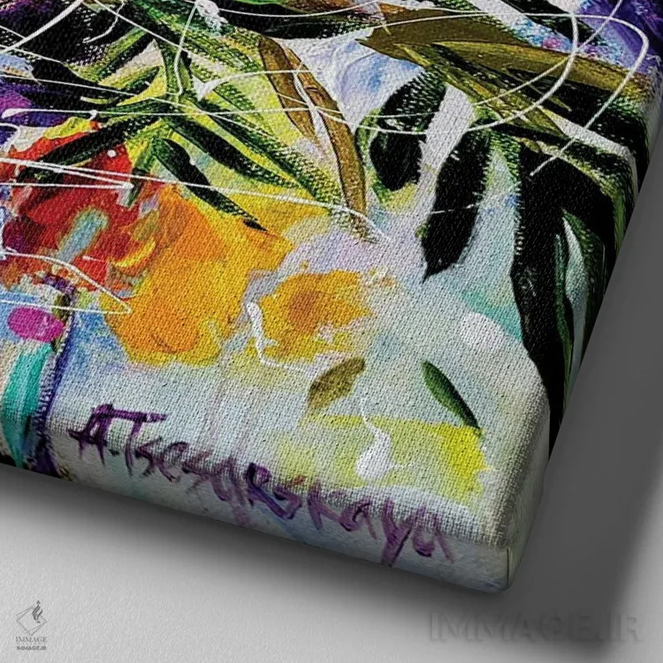 تابلو گلهای پاییزی در گلدان ۱ اثر آلیاکساندرا تسسارسکایا - نمای نزدیک بافت بوم