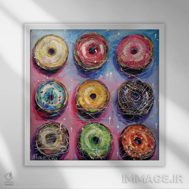 تابلو دوناتهای رنگارنگ اثر آلیاکساندرا تسسارسکایا - نمای قابدار سفید