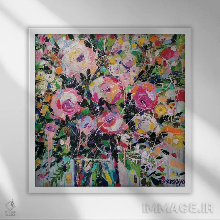 تابلو گلهای تابستانی در گلدان اثر آلیاکساندرا تسسارسکایا - نمای قابدار سفید