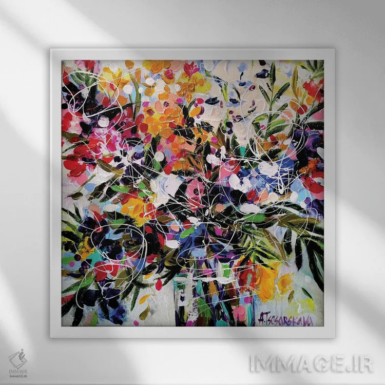 تابلو گلهای پاییزی در گلدان ۱ اثر آلیاکساندرا تسسارسکایا - نمای قابدار سفید