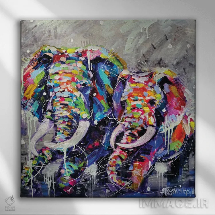 تابلو فیلهای وحشی اثر آلیاکساندرا تسسارسکایا - نمای روبهرو روی دیوار