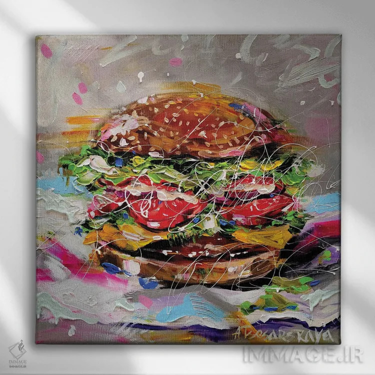 تابلو همبرگر اثر آلیاکساندرا تسسارسکایا - نمای روبهرو روی دیوار