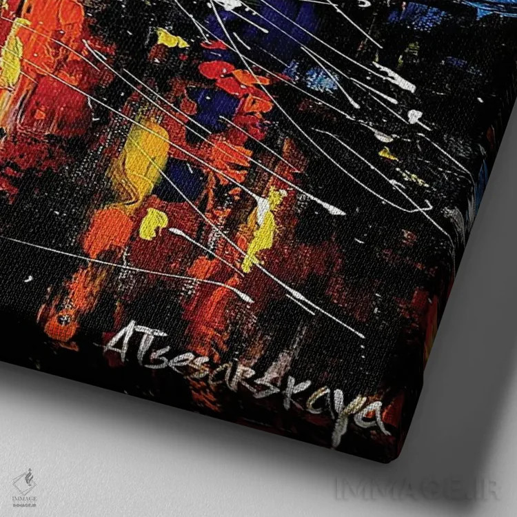 تابلو نیویورک در شب اثر آلیاکساندرا تسسارسکایا - نمای نزدیک بافت بوم