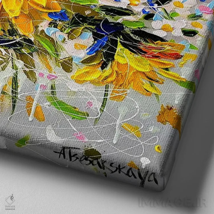 تابلو آفتابگردانها در گلدان اثر آلیاکساندرا تسسارسکایا - نمای نزدیک بافت بوم