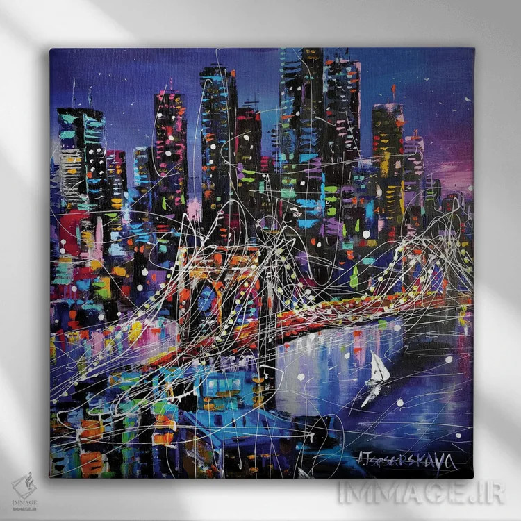 تابلو شهر نیویورک در شب با پل اثر آلیاکساندرا تسسارسکایا - نمای روبهرو روی دیوار