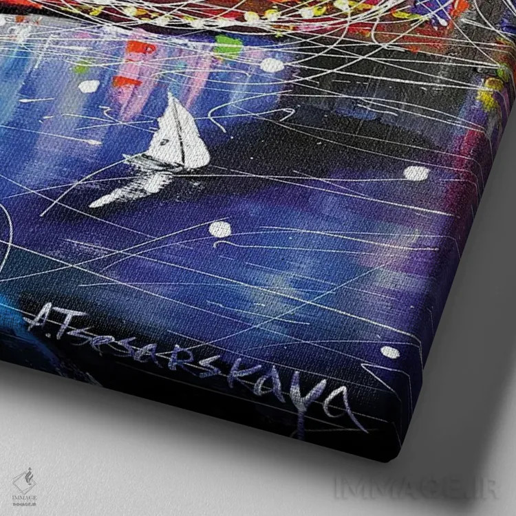 تابلو شهر نیویورک در شب با پل اثر آلیاکساندرا تسسارسکایا - نمای نزدیک بافت بوم