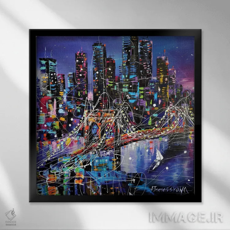 تابلو شهر نیویورک در شب با پل اثر آلیاکساندرا تسسارسکایا - نمای قابدار مشکی