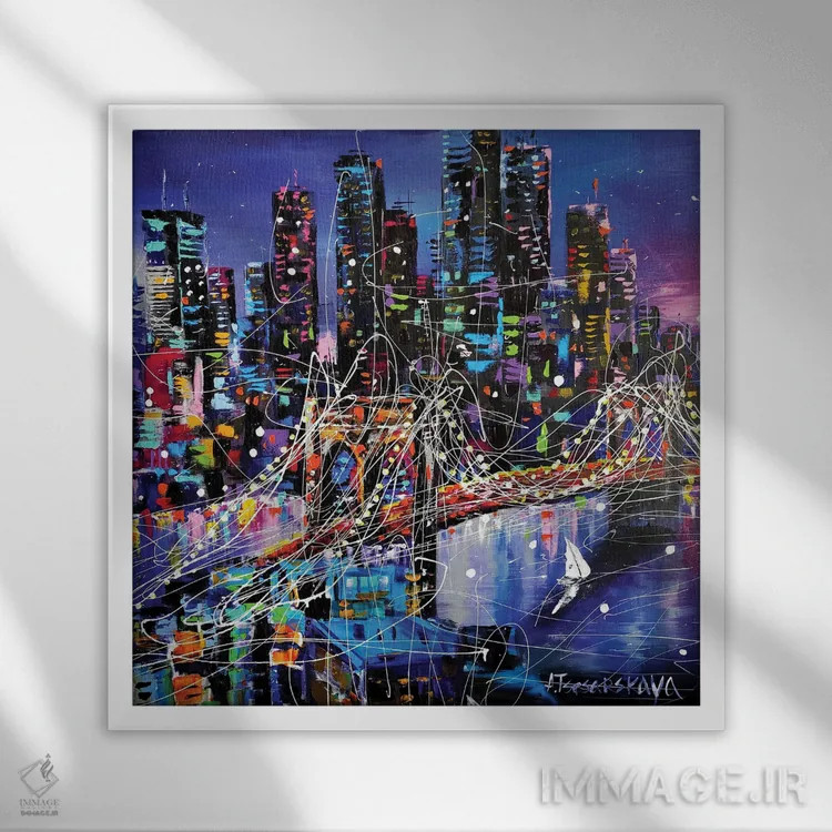 تابلو شهر نیویورک در شب با پل اثر آلیاکساندرا تسسارسکایا - نمای قابدار سفید