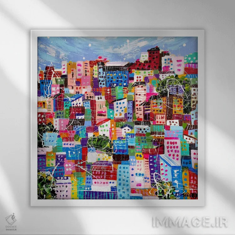 تابلو کانون شلوغ شهری اثر آلیاکساندرا تسسارسکایا - نمای قابدار سفید