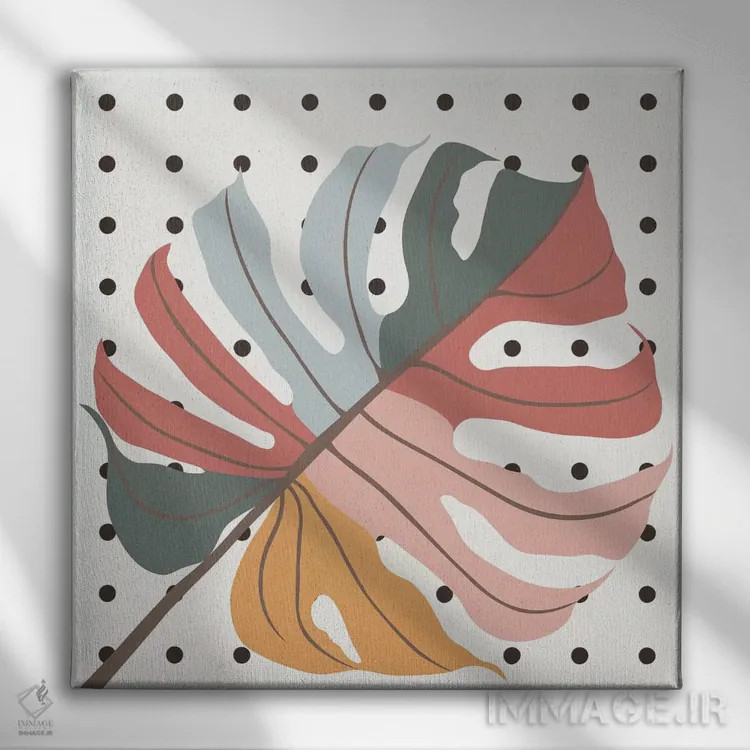 تابلو برگ مانسترا رنگارنگ اثر آلیسا گالیتسینا - نمای روبهرو روی دیوار
