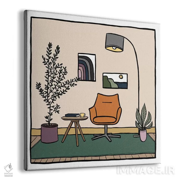 تابلو اتاق نشیمن با مبل تکنفره نارنجی اثر آلیسا گالیتسینا - نمای پرسپکتیو محصول