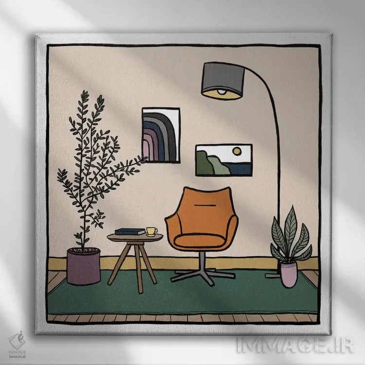تابلو اتاق نشیمن با مبل تکنفره نارنجی اثر آلیسا گالیتسینا - نمای روبهرو روی دیوار