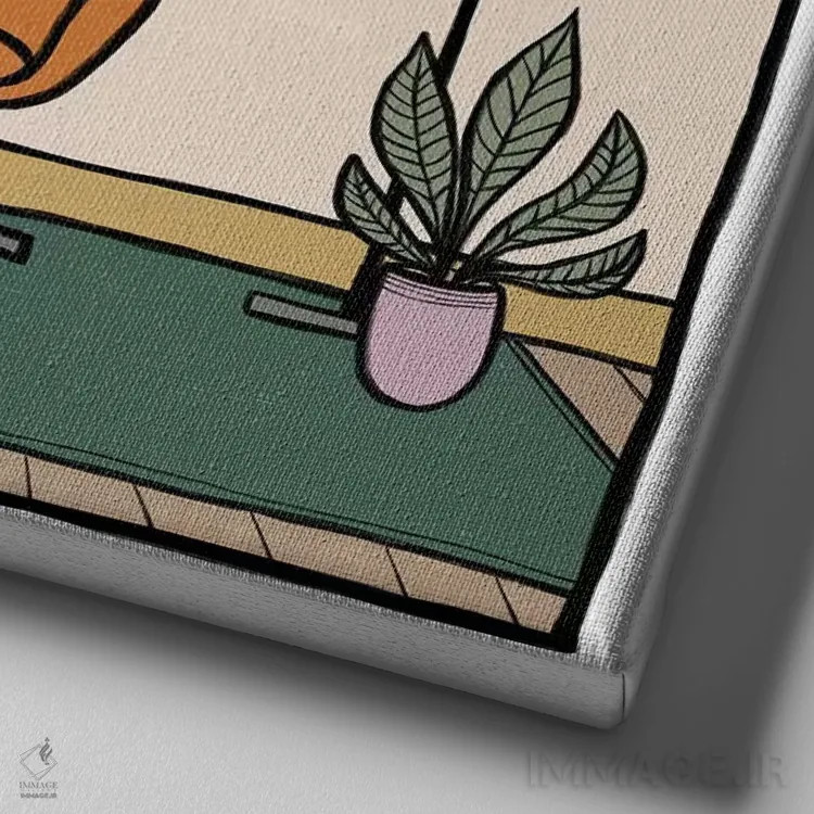 تابلو اتاق نشیمن با مبل تکنفره نارنجی اثر آلیسا گالیتسینا - نمای نزدیک بافت بوم