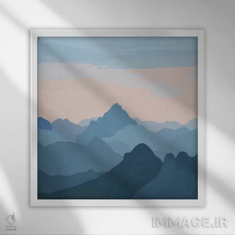 تابلو غروب پاستلی بر فراز کوههای آبی اثر آلیسا گالیتسینا - نمای قابدار سفید