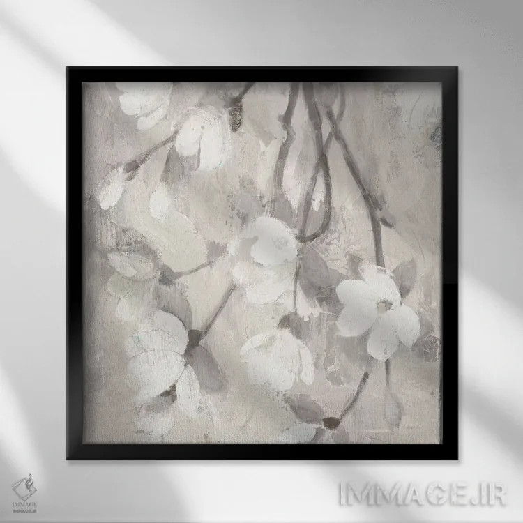 تابلو شاخه مگنولیا با کرپ خامهای معکوس اثر آلبنا خریستوا - نمای قابدار مشکی