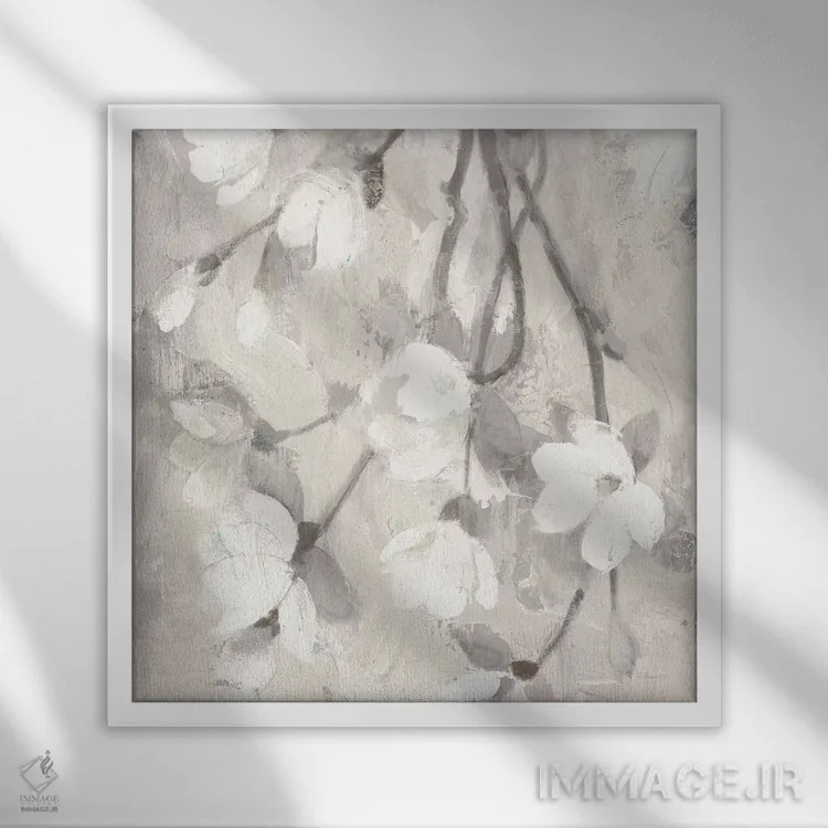 تابلو شاخه مگنولیا با کرپ خامهای معکوس اثر آلبنا خریستوا - نمای قابدار سفید