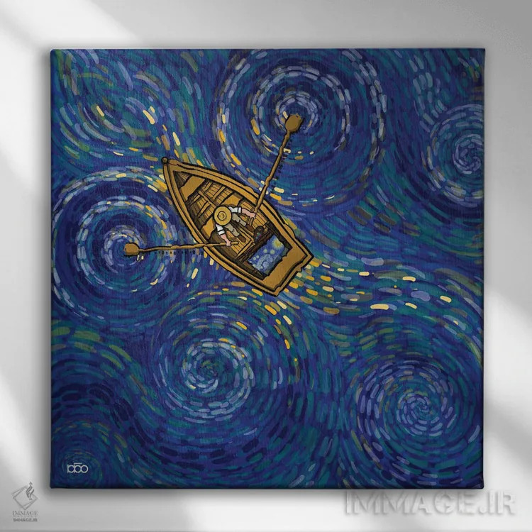 تابلو قایقرانی در دریاچهای پرستاره اثر علیرضا کریمی مقدم (هنرمند ایرانی) - نمای روبهرو روی دیوار