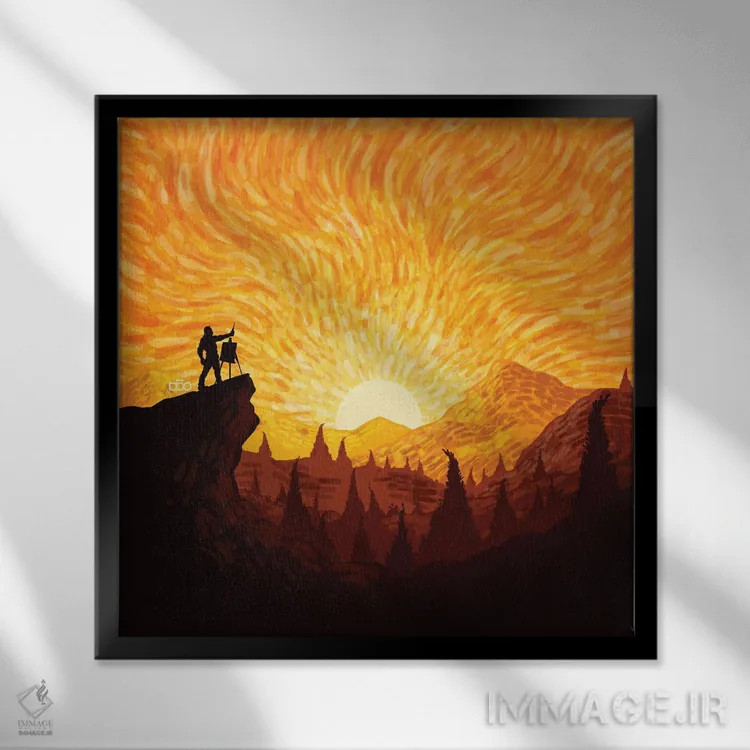 تابلو طلوع کوهستان اثر علیرضا کریمی مقدم (هنرمند ایرانی) - نمای قابدار مشکی