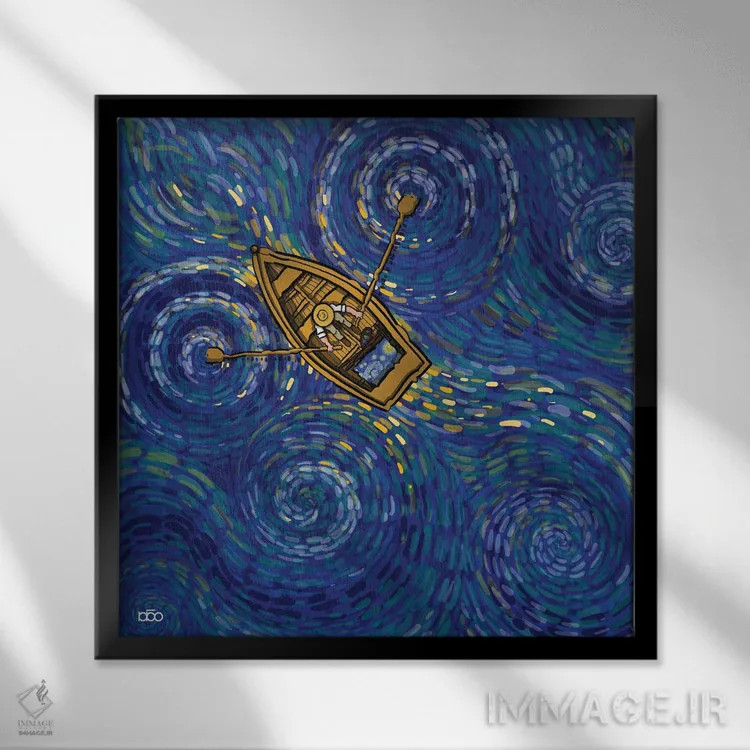 تابلو قایقرانی در دریاچهای پرستاره اثر علیرضا کریمی مقدم (هنرمند ایرانی) - نمای قابدار مشکی