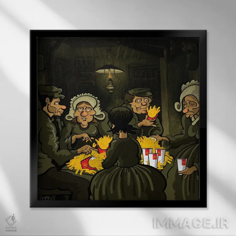 تابلو سیبزمینیخورها اثر علیرضا کریمی مقدم (هنرمند ایرانی) - نمای قابدار مشکی