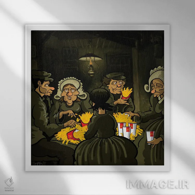 تابلو سیبزمینیخورها اثر علیرضا کریمی مقدم (هنرمند ایرانی) - نمای قابدار سفید