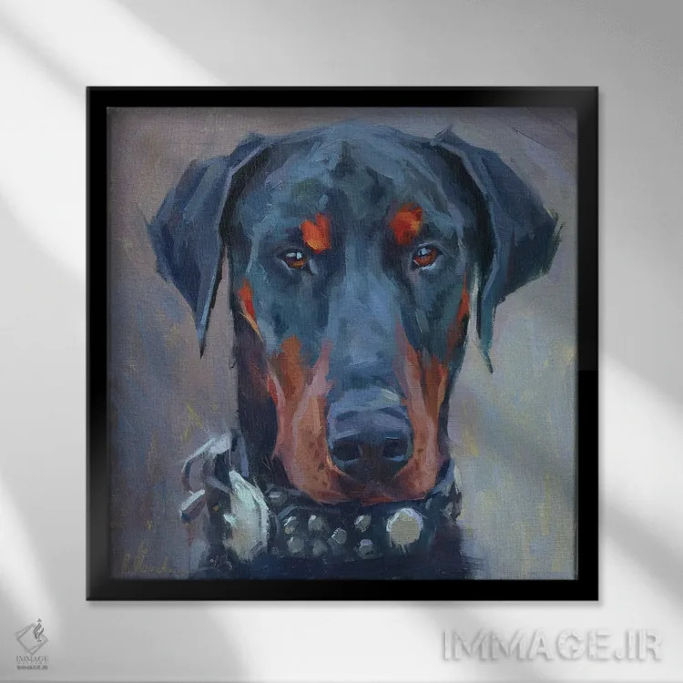 تابلو دوبرمن (سگ) اثر الکس مووچون - نمای قابدار مشکی