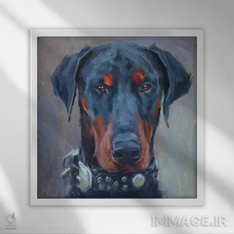 تابلو دوبرمن (سگ) اثر الکس مووچون - نمای قابدار سفید