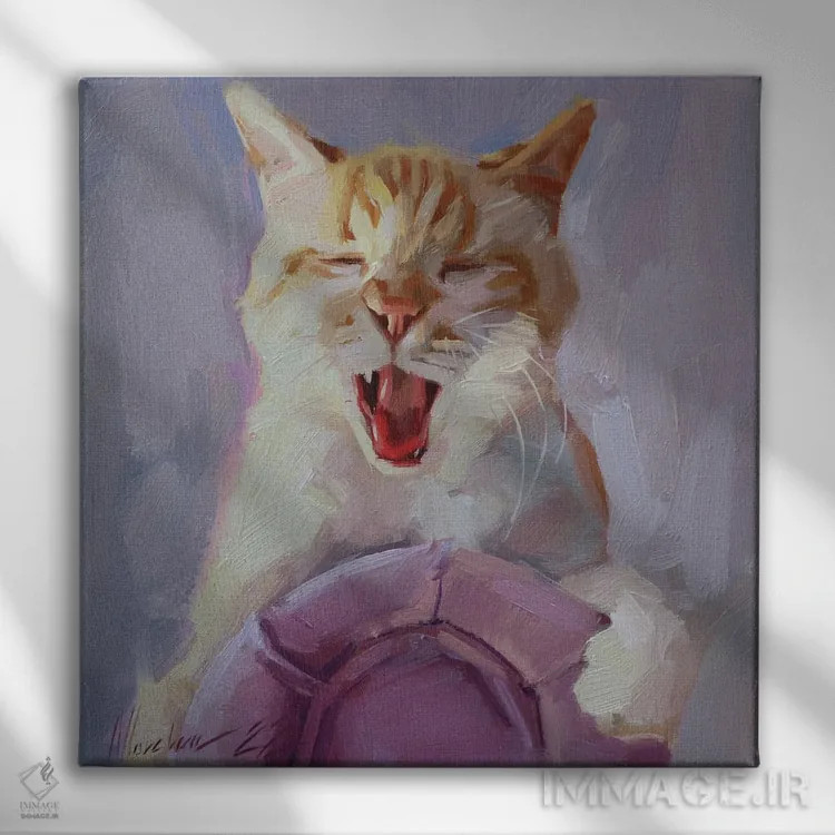 تابلو پرترهٔ گربهٔ قرمز، گربهٔ درحال فریاد اثر الکس مووچون - نمای روبهرو روی دیوار