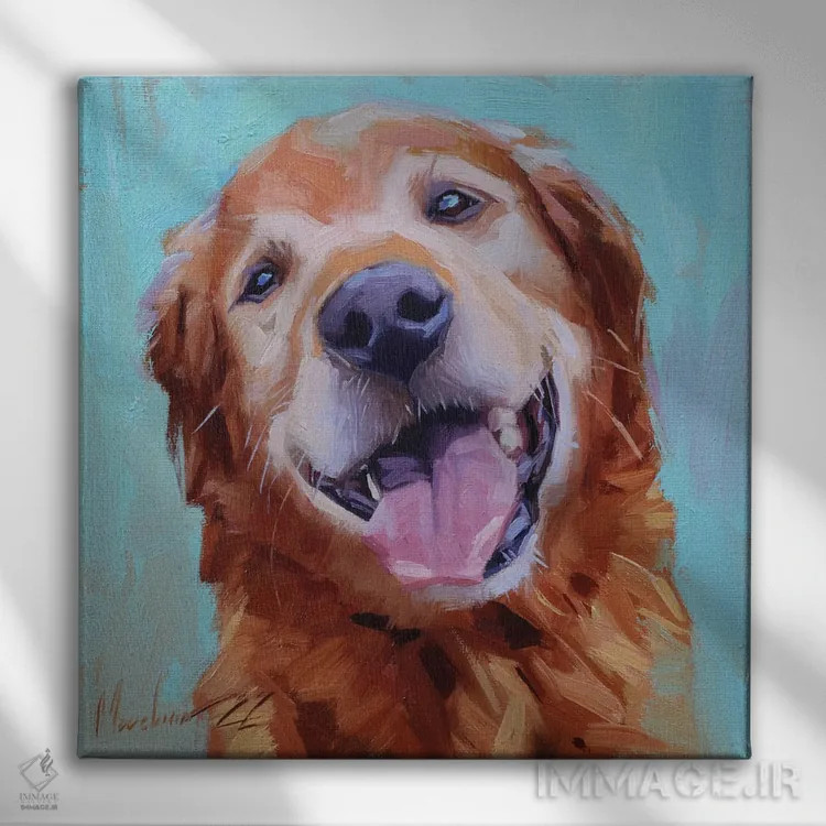 تابلو لابرادور طلایی خندان اثر الکس مووچون - نمای روبهرو روی دیوار