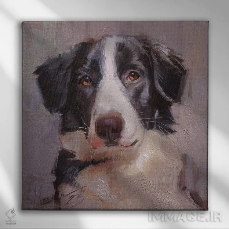 تابلو پرترهٔ سگ سیاه و سفید اثر الکس مووچون - نمای روبهرو روی دیوار