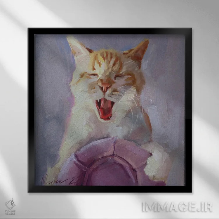 تابلو پرترهٔ گربهٔ قرمز، گربهٔ درحال فریاد اثر الکس مووچون - نمای قابدار مشکی