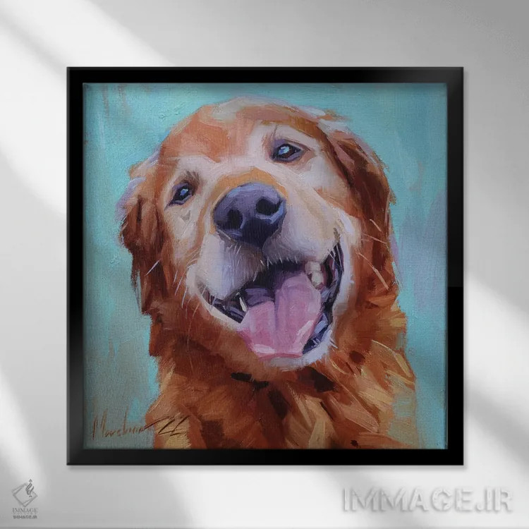 تابلو لابرادور طلایی خندان اثر الکس مووچون - نمای قابدار مشکی