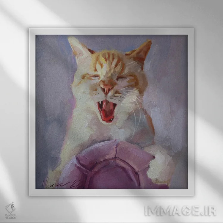 تابلو پرترهٔ گربهٔ قرمز، گربهٔ درحال فریاد اثر الکس مووچون - نمای قابدار سفید