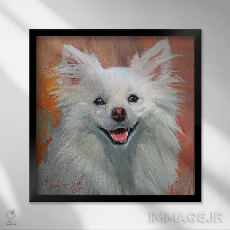 تابلو پرترهٔ سگ پشمالو در رنگهای گرم، پامرانین اثر الکس مووچون - نمای قابدار مشکی