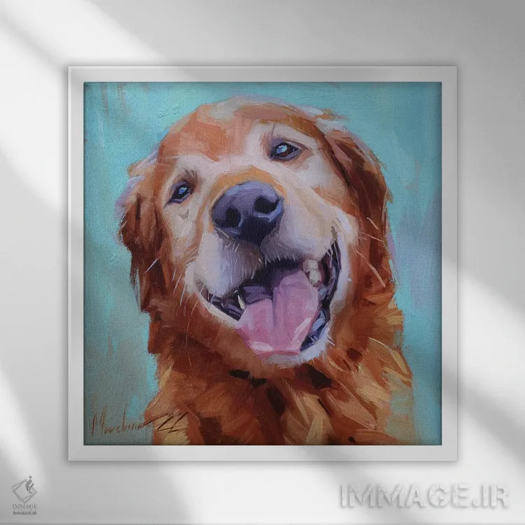 تابلو لابرادور طلایی خندان اثر الکس مووچون - نمای قابدار سفید