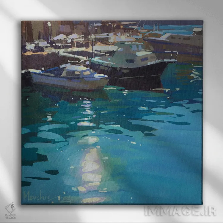 تابلو اسکلهٔ آفتابی، قایقها نزدیک اسکله اثر الکس مووچون - نمای روبهرو روی دیوار