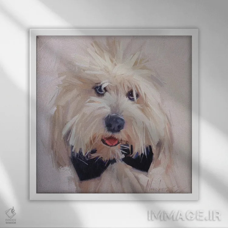 تابلو پرترهٔ سگ سفید کوچک اثر الکس مووچون - نمای قابدار سفید