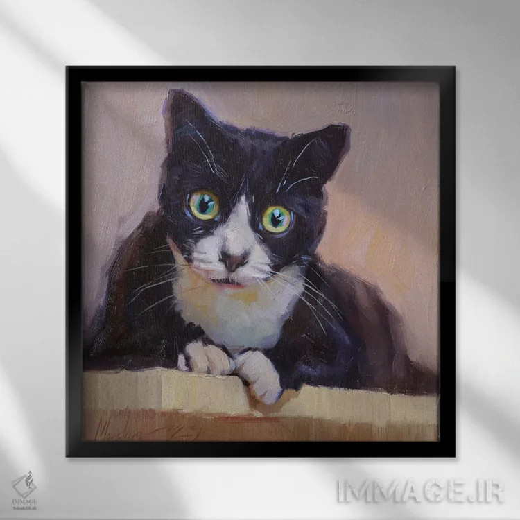 تابلو پرترهٔ گربهٔ سیاه با چشمان سبز اثر الکس مووچون - نمای قابدار مشکی