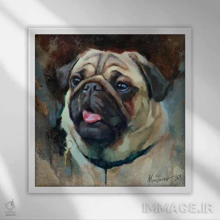 تابلو پاگ (سگ) اثر الکس مووچون - نمای قابدار سفید