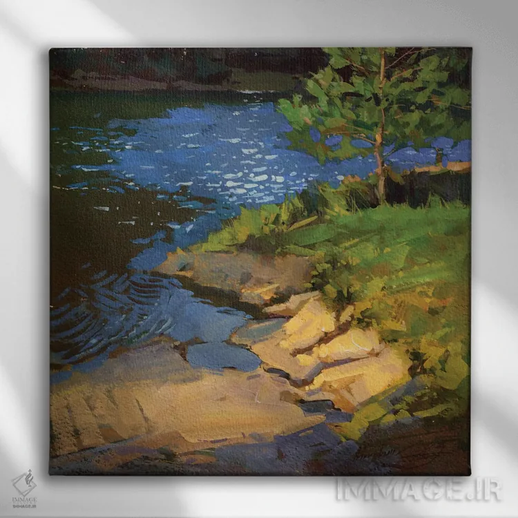 تابلو دریاچه در جنگل، روز آفتابی اثر الکس مووچون - نمای روبهرو روی دیوار